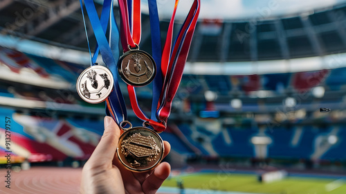 different medals in hand a chempion in the stadium - Victory Concept photo