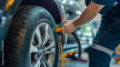 A mechanic checks the tire pressure to ensure a safe and well-maintained vehicle.