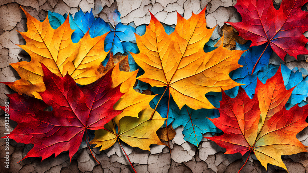 Autumn Symphony: Colorful Leaves on Cracked Texture Autumn Symphony: Colorful Leaves on Cracked Texture