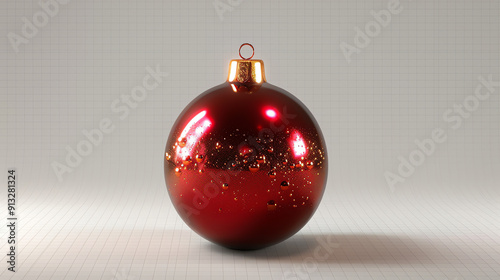 A red Christmas ornament with gold detailing.