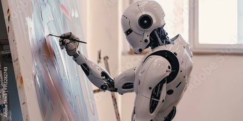 modern robot, he is painting fine art on canvas, photo