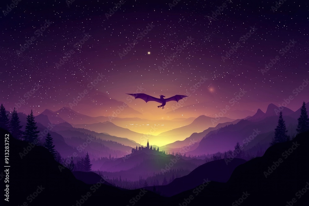 Obraz premium Dragon Silhouette Flying Over Mountains at Sunset