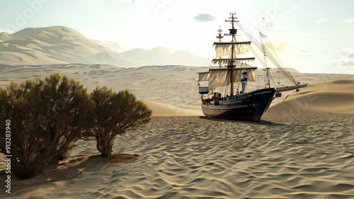 A large ship is docked in the sand on a desert beach