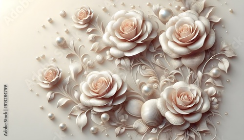 beautiful delicate roses decorated with beads and pearls on a beige background