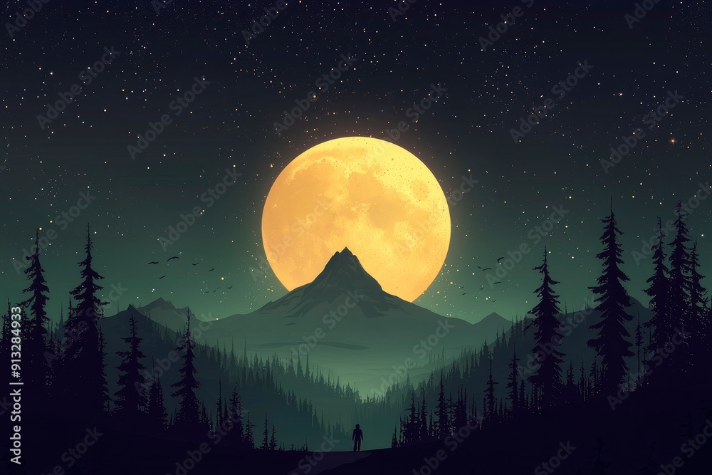 Naklejka premium Full Moon Over Silhouetted Mountains