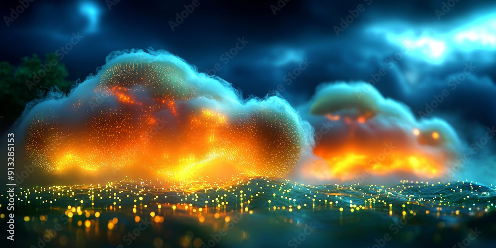 Abstract digital data streams on a dark blue background, conveying the concept of big data and cloud technology