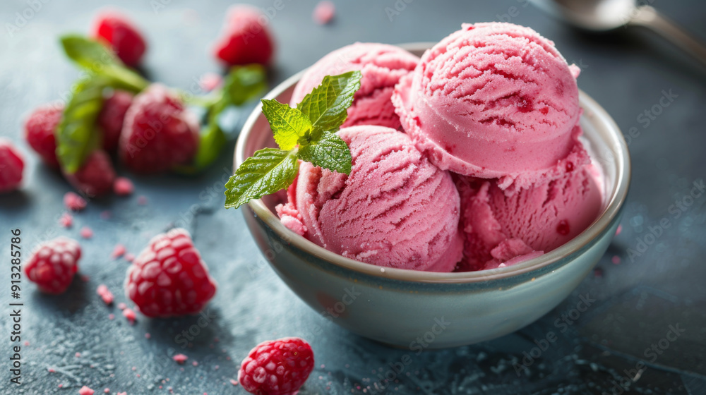 Delicious raspberry ice cream served in a bowl, garnished with fresh mint leaves and surrounded by fresh raspberries. Delicious raspberry ice cream served in a bowl, garnished with fresh mint leaves and surrounded by fresh raspberries.