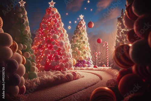 Christmas candy cane lane with festive trees, ornament decorations, pathway at night, winter wonderland concept photo