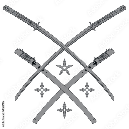 Vector design Katanas crossed with shuriken, katana and shuriken from ancient feudal Japan, used by samurai and ninja warriors