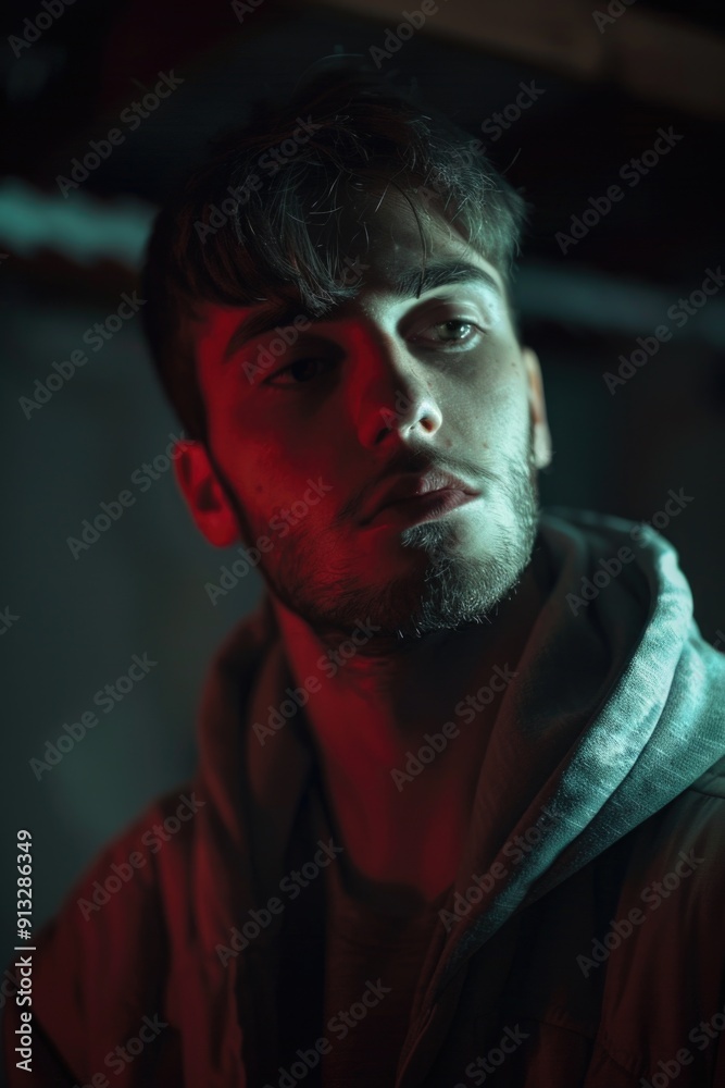 A man wearing a hoodie looks directly at the camera, conveying a sense of intensity or mystery A man wearing a hoodie looks directly at the camera, conveying a sense of intensity or mystery