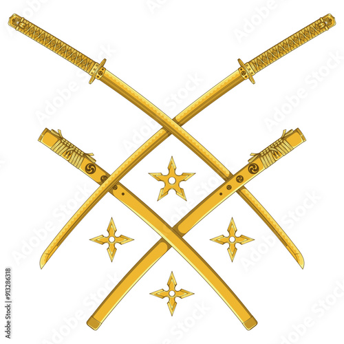 Vector design Katanas crossed with shuriken, katana and shuriken from ancient feudal Japan, used by samurai and ninja warriors