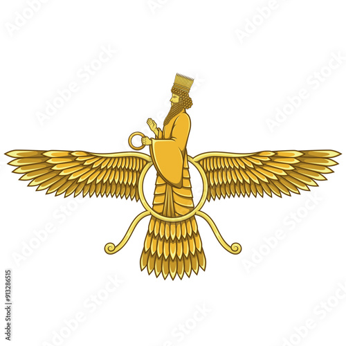 Vector design of Faravahar symbol, Zoroastrian religion symbol, Zoroastrianism prophet on winged sun disk