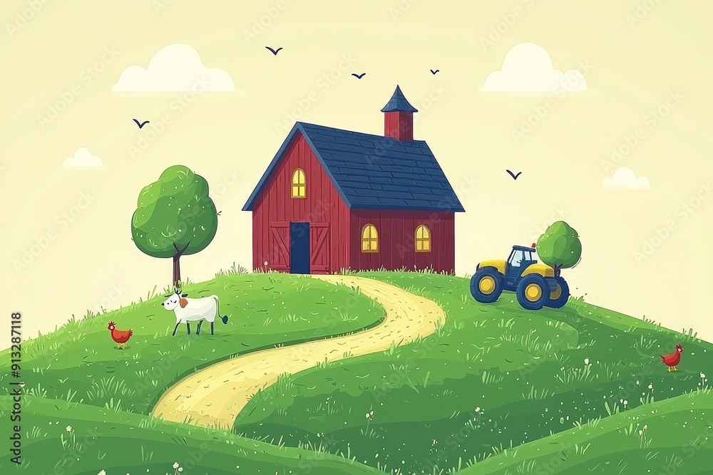 Naklejka premium Idyllic Farm Scene with Red Barn, Tractor, and Animals