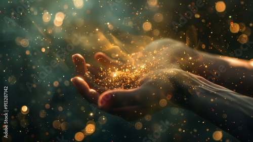 A hand holding a bunch of colorful sparkles. Concept of wonder and magic, as if the hand is holding a handful of stardust photo