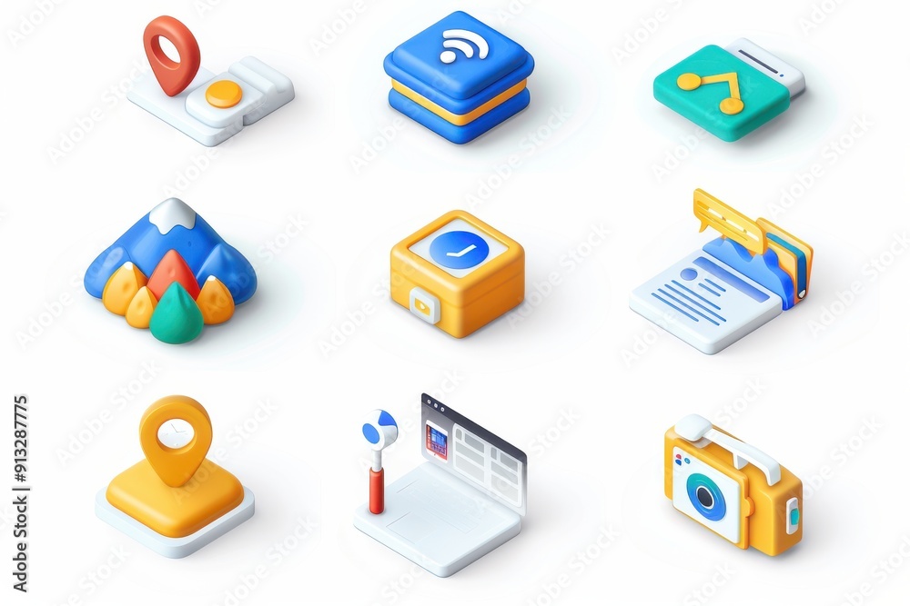 Colorful 3D Icons Representation of Digital Functionality Colorful 3D Icons Representation of Digital Functionality