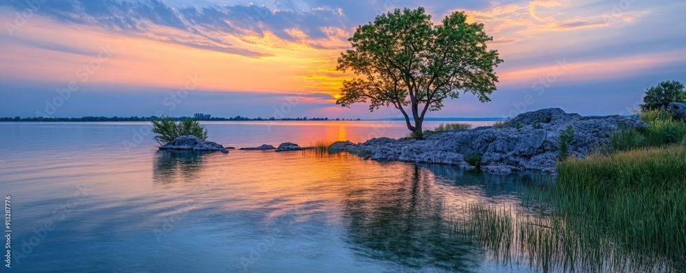 A tranquil scene of a lakeside at sunset, featuring a lone tree, rocks, and reflections on the calm water under a colorful sky A tranquil scene of a lakeside at sunset, featuring a lone tree, rocks, and reflections on the calm water under a colorful sky