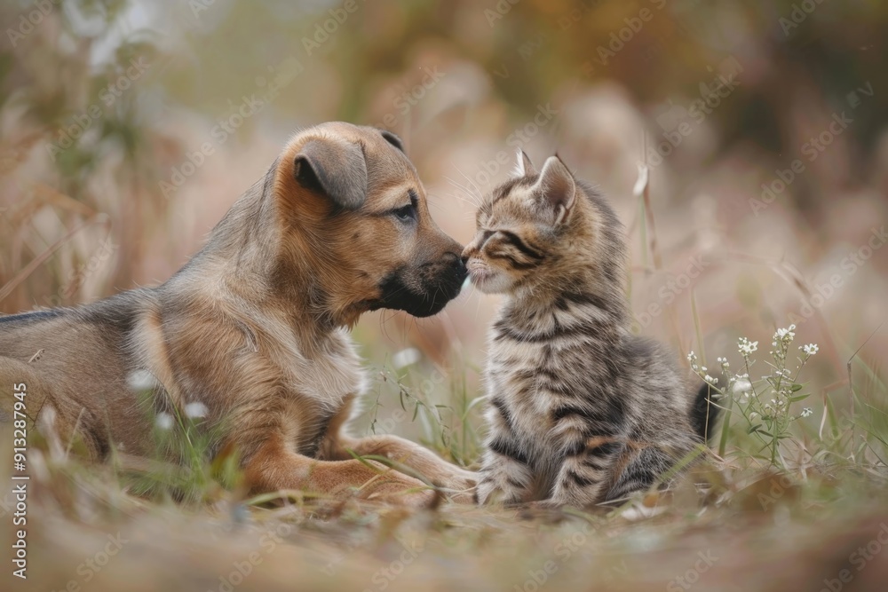 Obraz premium A dog and kitten sitting together in a green grassy area