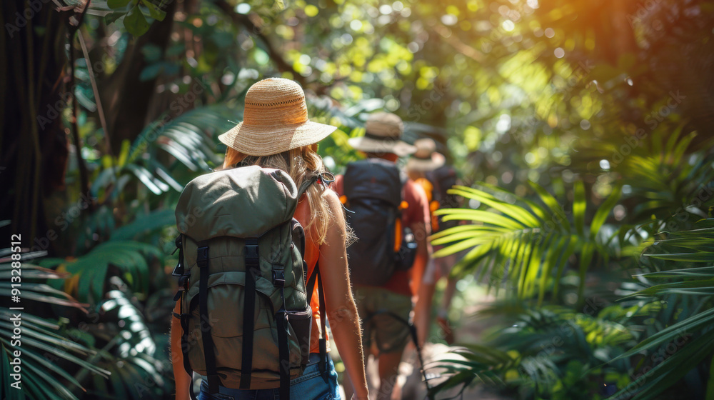 Group of friends trekking through a tropical rainforest, surrounded by dense foliage and sunlight filtering through the trees. Group of friends trekking through a tropical rainforest, surrounded by dense foliage and sunlight filtering through the trees.
