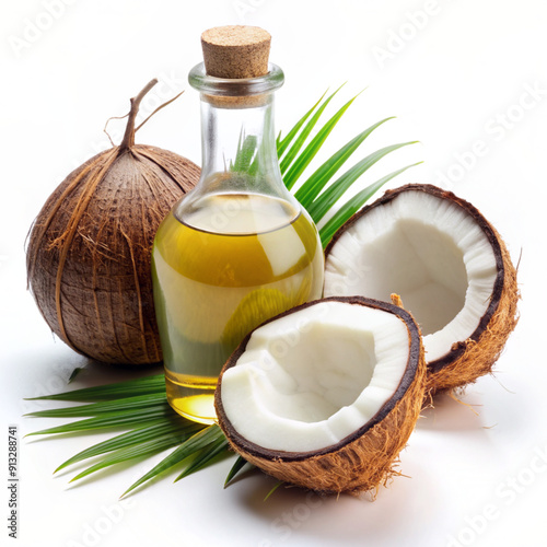 coconut oil and coconutcoconut, food, coco, fruit, tropical, isolated, white, nut, milk, brown, nature, exotic, healthy, fresh, diet, palm, half, drink, green, closeup, shell, leaf, nutrition, freshne photo