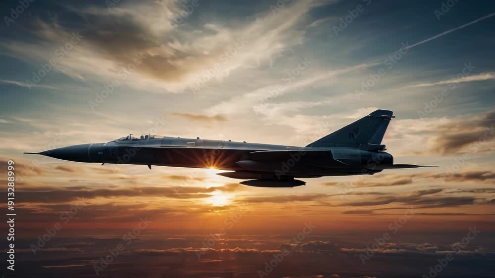 Military Jet Flying Against a Setting Sun During a Training Mission Military Jet Flying Against a Setting Sun During a Training Mission