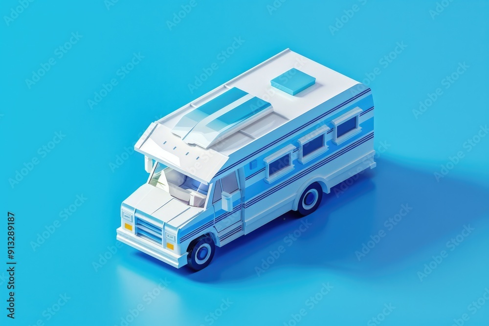 Obraz premium A small toy bus sits on a blue surface, ready for play or display