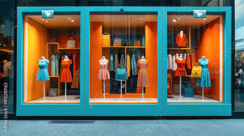 Colorful window display in a clothing store featuring mannequins dressed in vibrant dresses and accessories, with a mix of orange and turquoise tones.