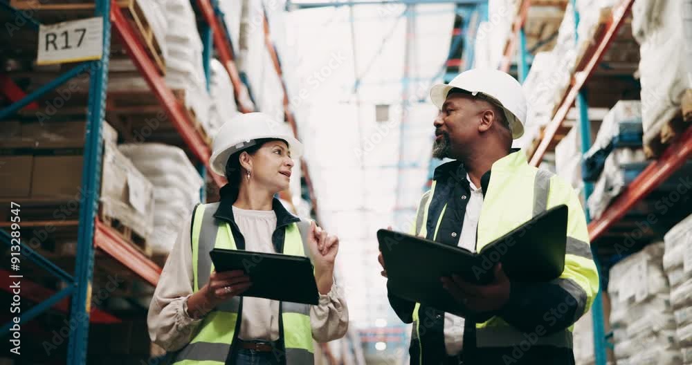 Warehouse, teamwork and people on tablet for shipping, delivery and inspection in factory. Ecommerce, distribution and workers on digital tech with folder for manufacturing, planning and supply chain