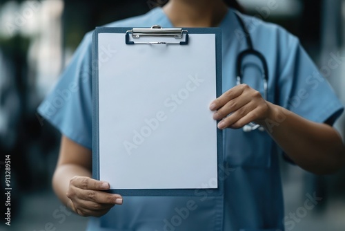Close-up of a Nurse Holding a Blank Clipboard with a Stethoscope Around Their Neck, Ready for Patient Notes and Medical Records photo