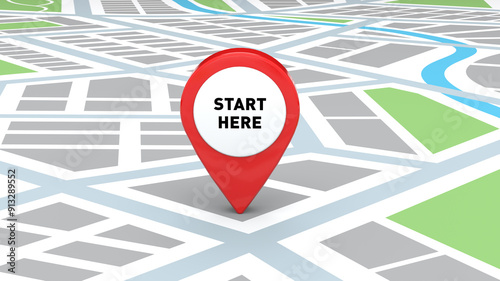 Start Here Location with red pin icon and city map overview, 3D Illustration	
