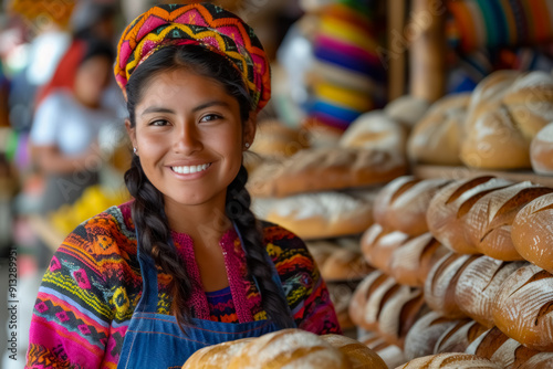 With an inviting smile, a Peruvian woman showcases her bread offerings in beautifully crafted baskets, embodying the warmth of local traditions