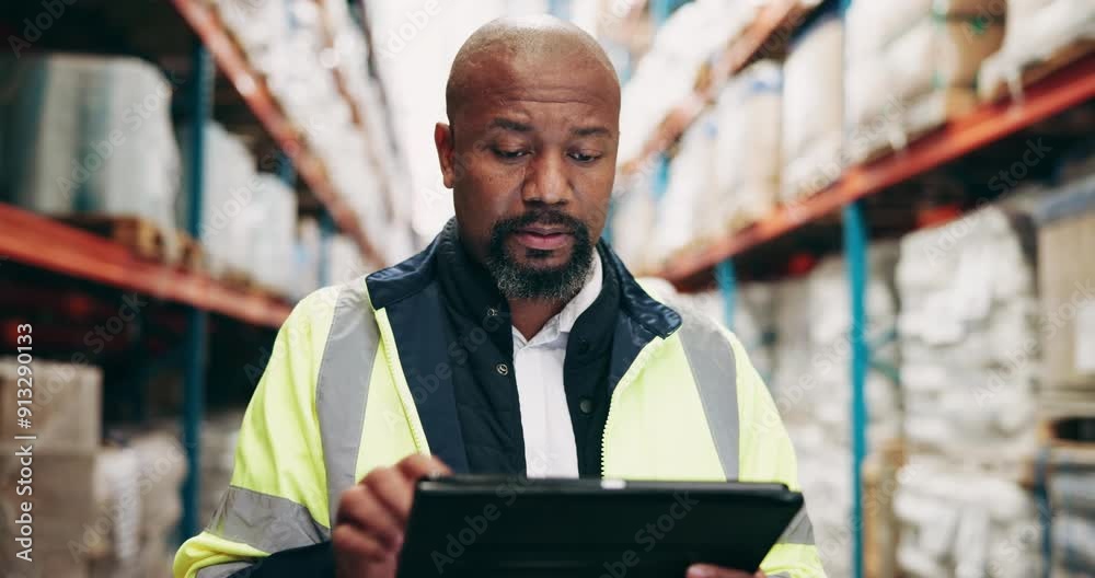 Logistics, counting and black man in warehouse on tablet for stock inspection, export list or inventory management. Connection, distribution and person in factory on digital app for online checklist Logistics, counting and black man in warehouse on tablet for stock inspection, export list or inventory management. Connection, distribution and person in factory on digital app for online checklist
