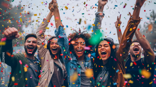The dance floor comes alive with friends celebrating joyfully, surrounded by swirling multicolor streamers
