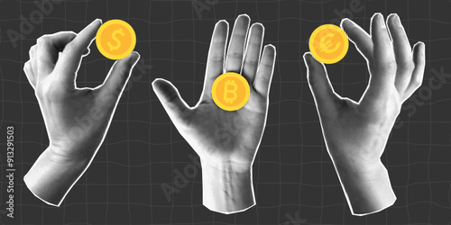 Set of halftone collage with hands holding gold coins, euro, dollar and bitcoin. Banner with concept of payment and financial planning, saving. Paper element on a dark checkered background.