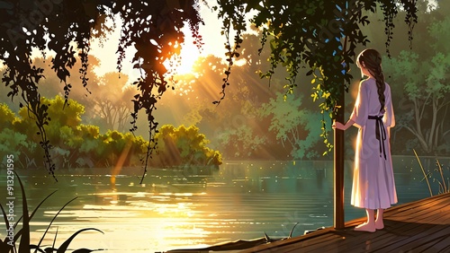 auntum background theme, illustration of the warm afternoon atmosphere on a lake photo