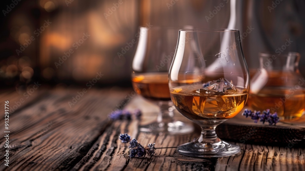 Glasses of Whiskey with Ice on Rustic Wooden Table Glasses of Whiskey with Ice on Rustic Wooden Table