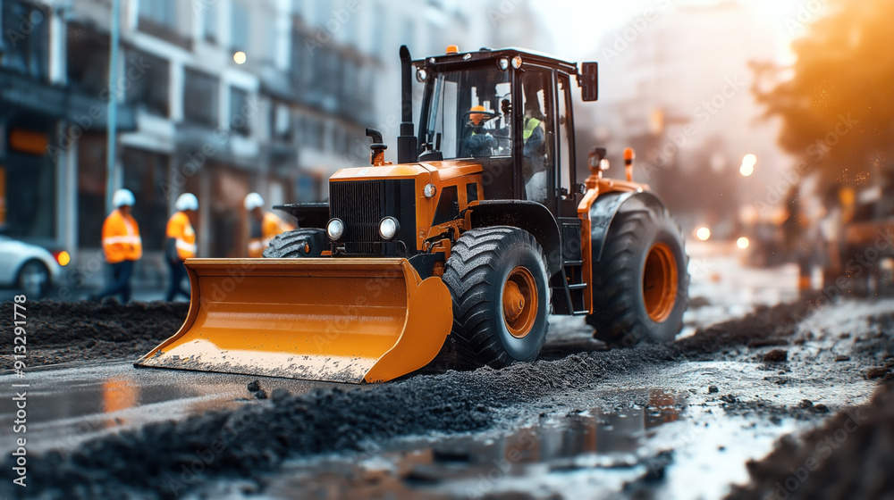 Heavy construction machinery with a bulldozer is working on an urban road under construction. Workers in safety vests and helmets can be seen in the background. Heavy construction machinery with a bulldozer is working on an urban road under construction. Workers in safety vests and helmets can be seen in the background.