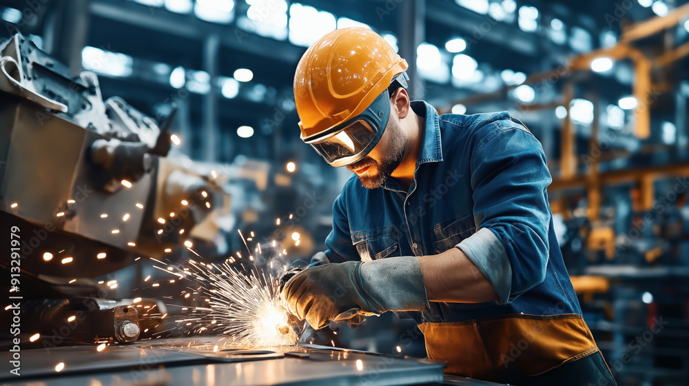 Industrial worker wearing safety gear and using a grinding machine, producing sparks in a factory setting.