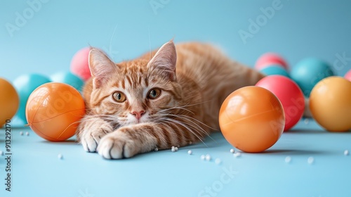 Playful Cat Relaxing on Blue and White Background with Colorful Balls: Perfect for Pet-Themed Designs and Creative Projects