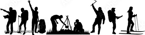 set of vector Illustration  silhouettes: hiking, camping, skiing, caving, mountaineering, alpinism