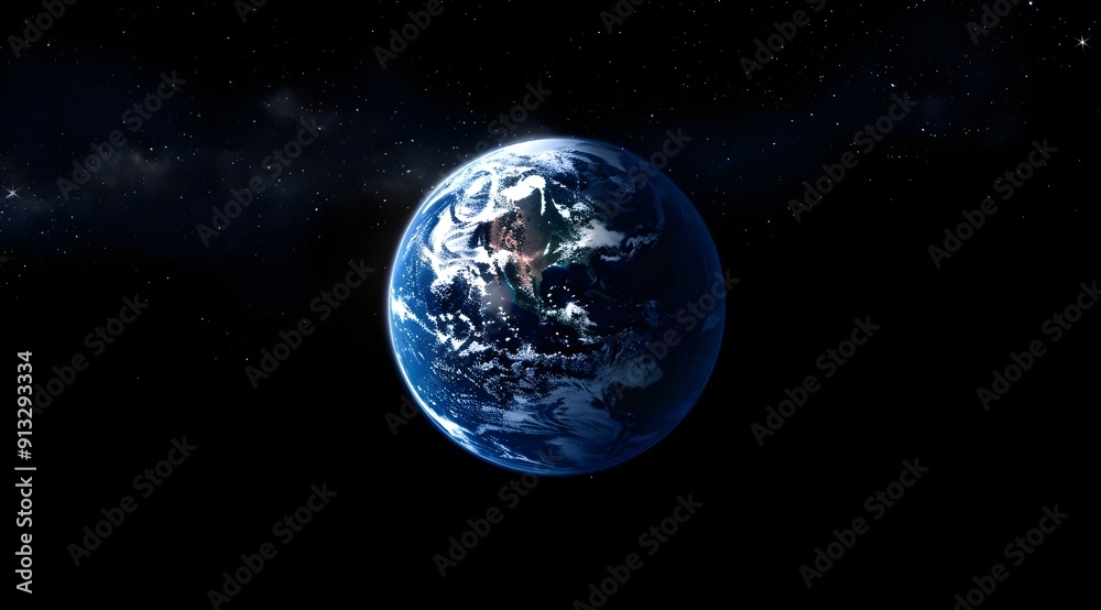 Fototapeta premium The blue earth is illuminated by the sun in space, with stars shining on it. The background of dark black sky and planet Earth wallpaper has no clouds or other objects, creating an atmosphere.