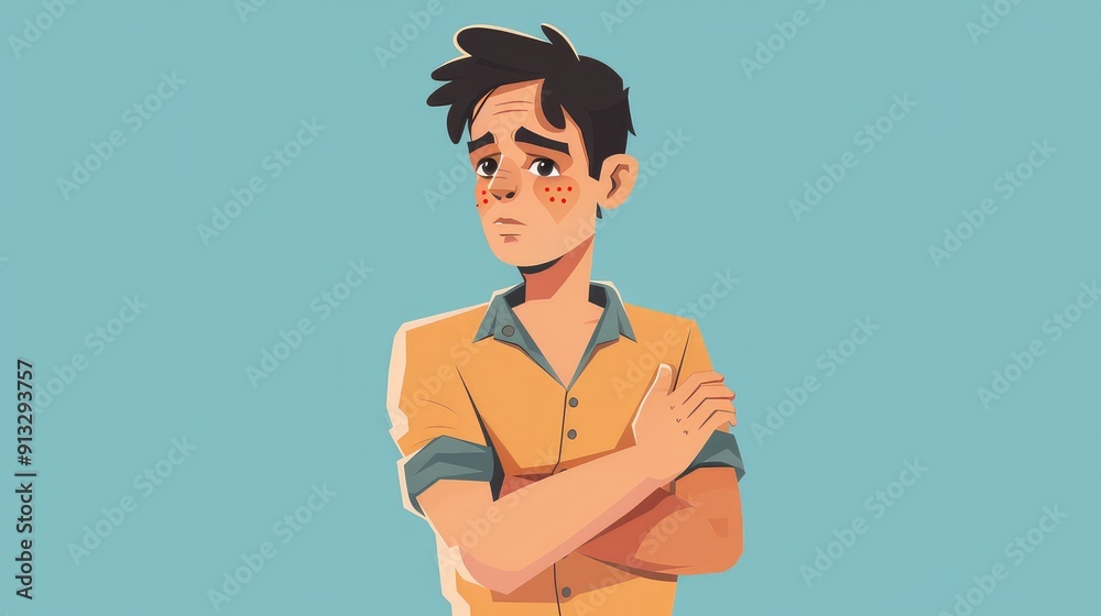 Uncomfortable Man with Itchy Red Hives Illustrated in Bright Flat Design Style for Medical and Health Awareness Projects Uncomfortable Man with Itchy Red Hives Illustrated in Bright Flat Design Style for Medical and Health Awareness Projects