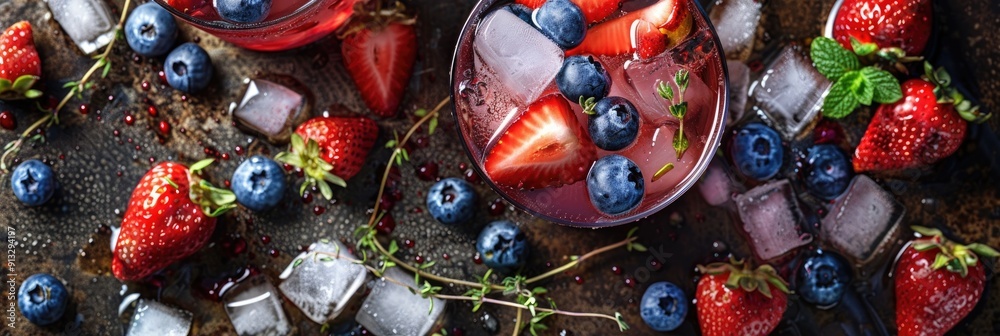 Berry infused beverage with crushed ice and thyme Refreshing strawberry and blueberry lemonade perfect for summer Berry infused beverage with crushed ice and thyme Refreshing strawberry and blueberry lemonade perfect for summer