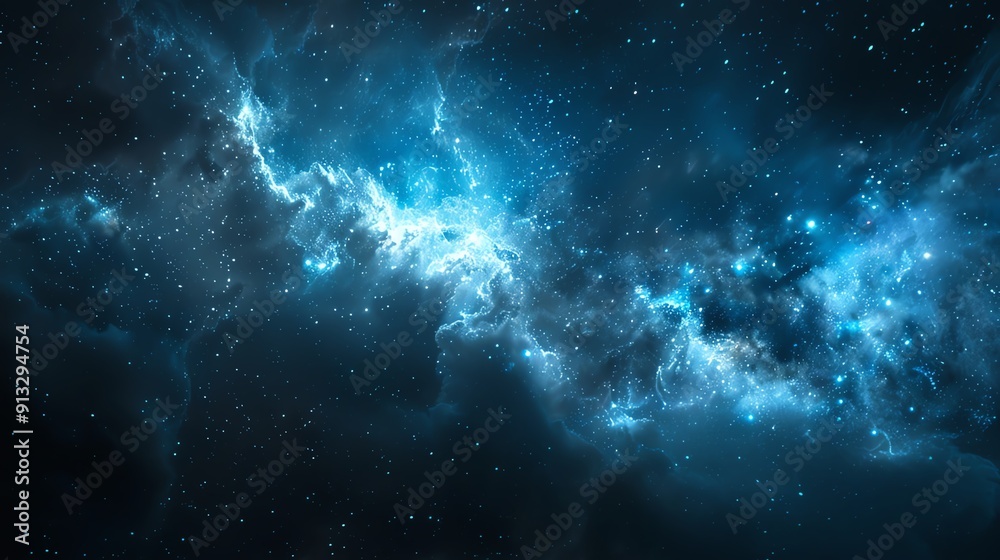 Fototapeta premium A mesmerizing cosmic landscape, featuring swirling blue nebulae and a scattering of distant stars.