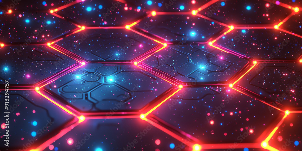 Abstract digital hexagonal pattern with glowing dots on a dark blue background, conveying a concept of technology Abstract digital hexagonal pattern with glowing dots on a dark blue background, conveying a concept of technology