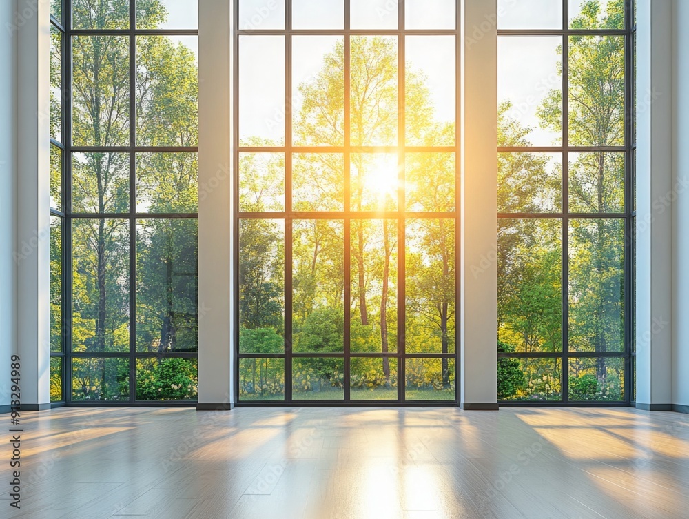Spacious room with large glass windows offering a beautiful view of trees and sunlight streaming in, creating a serene atmosphere Spacious room with large glass windows offering a beautiful view of trees and sunlight streaming in, creating a serene atmosphere