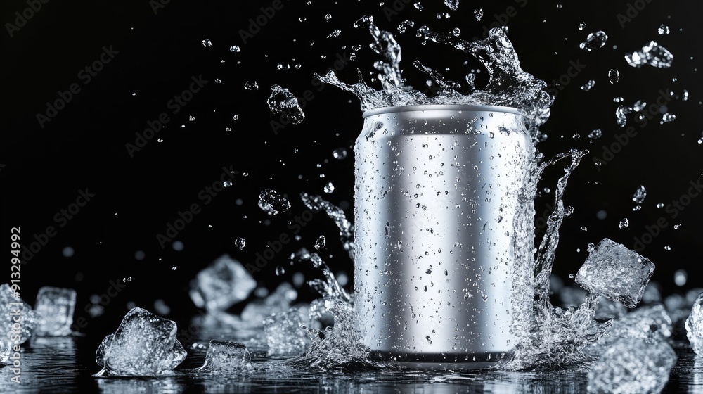 Aluminum can mockup with dynamic splash and ice cubes, isolated on a black background for a dramatic effect. Aluminum can mockup with dynamic splash and ice cubes, isolated on a black background for a dramatic effect.