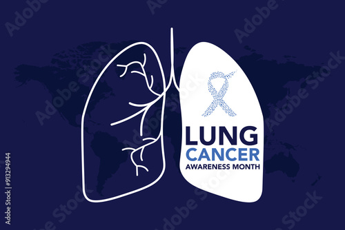 November, Lung cancer awareness month text and pink drawing line lung symbol with white ribbon around on blue background vector design