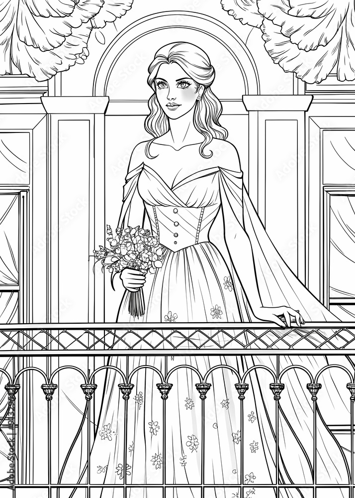Elegant Lady on Balcony Coloring Page