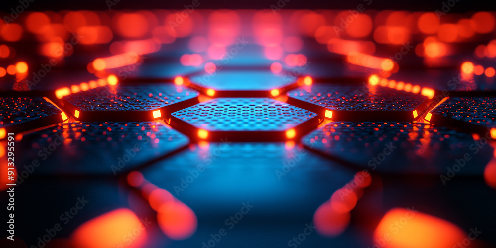 Abstract digital hexagonal pattern with glowing dots on a dark blue background, conveying a concept of technology Abstract digital hexagonal pattern with glowing dots on a dark blue background, conveying a concept of technology
