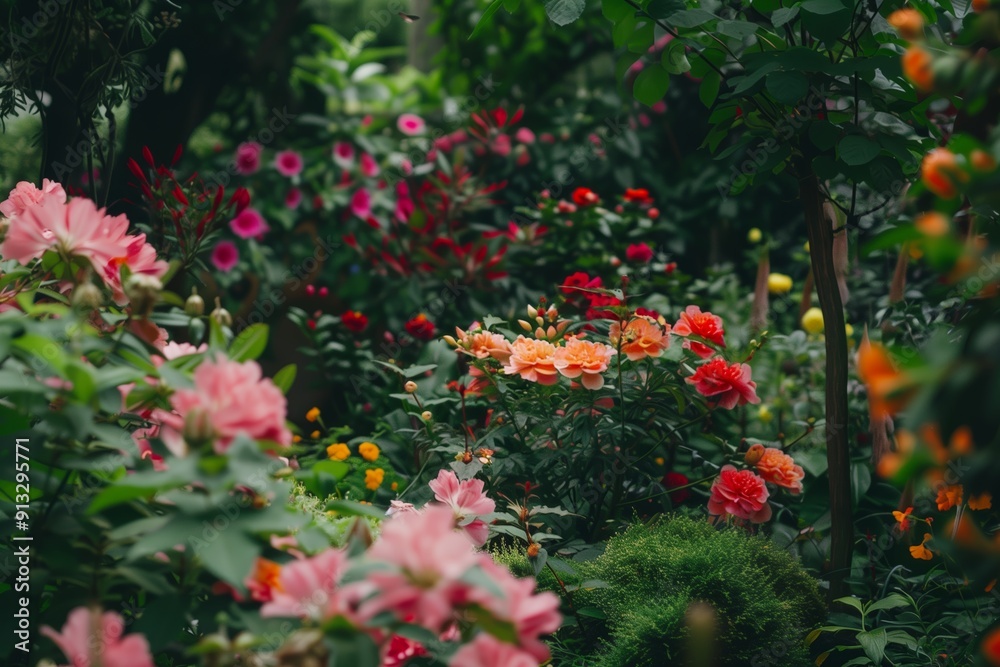Vibrant Flower Garden in Full Bloom Under Soft Natural Light in Early Spring Vibrant Flower Garden in Full Bloom Under Soft Natural Light in Early Spring